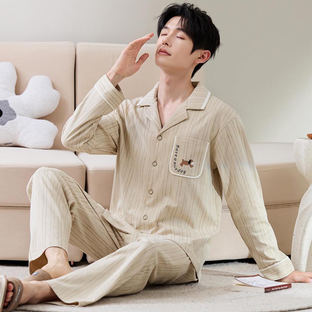 Herren Frühling/Herbst Baumwoll-Pyjama-Set - Langarm-Cardigan & Hose, Outdoor-tauglich