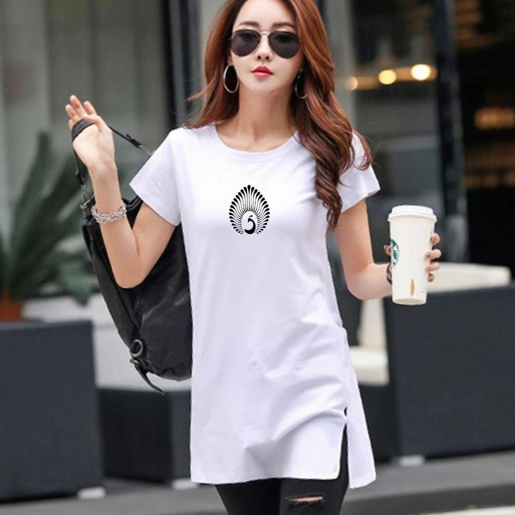 Nuova T-shirt in Puro Cotone, Maniche Corte, Lunghezza Media, Stampata, Bianca, Estiva, Copre Pancia e Fianchi