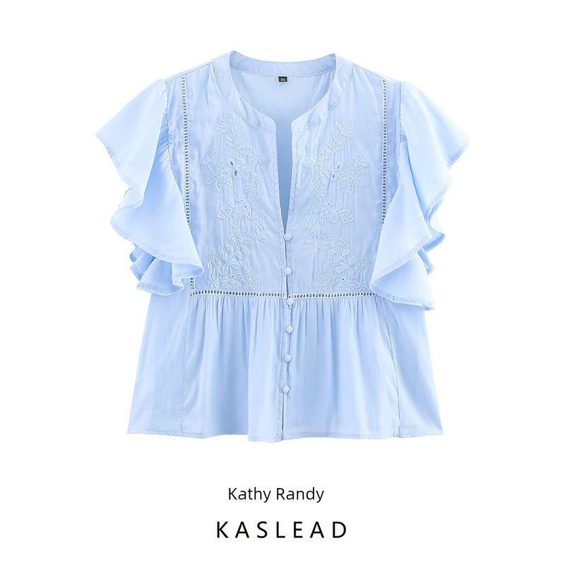 Kaslead New Arrival Women's Fashion Style Laminated Decoration Lapel Short Sleeve Casual Shirt 8574023 406