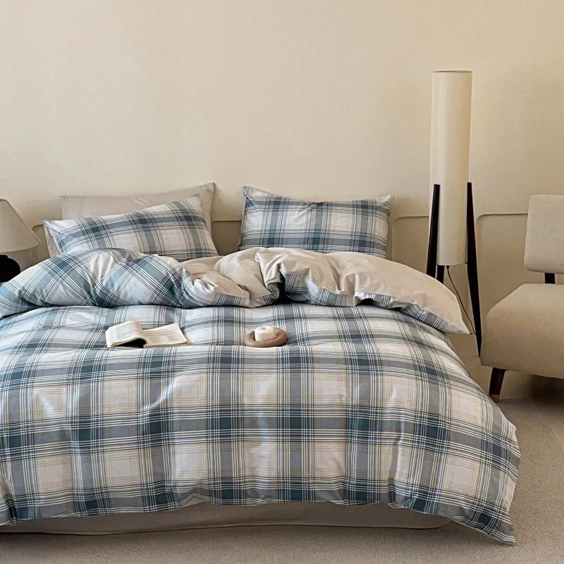 High Quality Grid Printed Flat Sheet Bedding Sets Light Luxury Cotton Soft Quilt Cover Single Double Bed Comfort Set for Adults