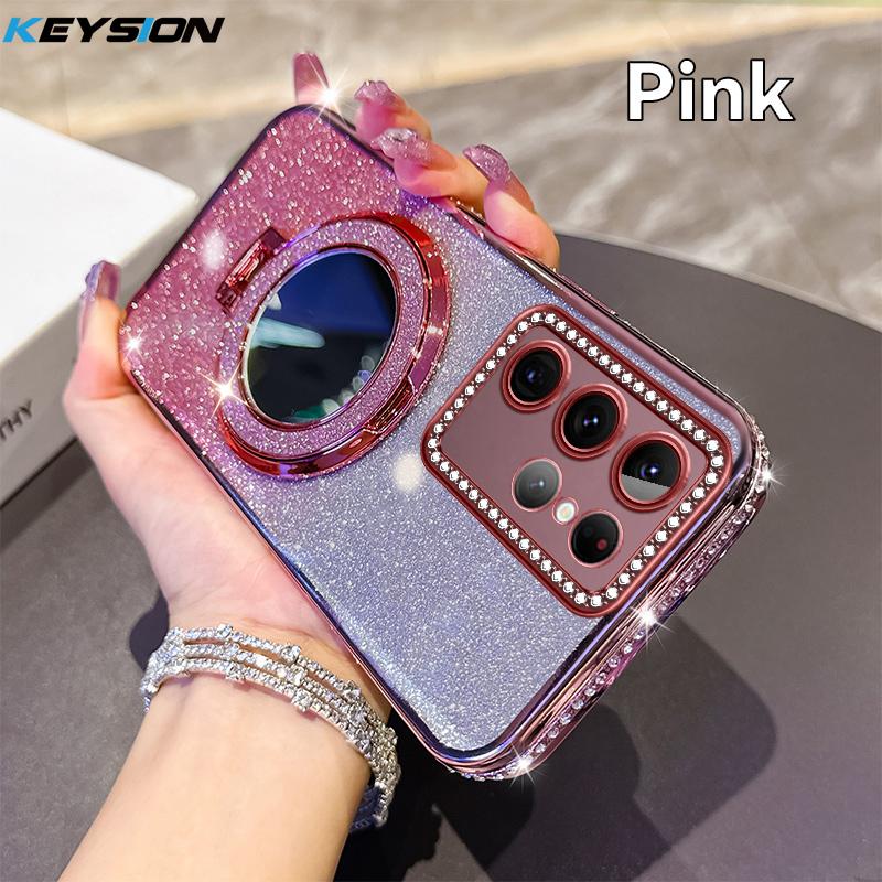 KEYSION Glitter Jewelled Magnetic Phone Case for Samsung Galaxy S22 Ultra S21+ Plus S20 FE Makeup Mirror Stand Shockproof Cover
