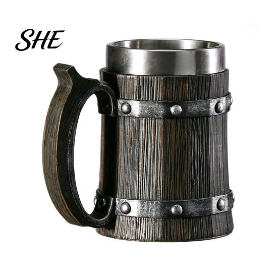 Food Grade Beer Mug Wood Barrel Mug, 600ml Stainless Steel Liner Stein, Durable Stein Rustic Tankard for Pub Home Bar Party Gift Vintage Style