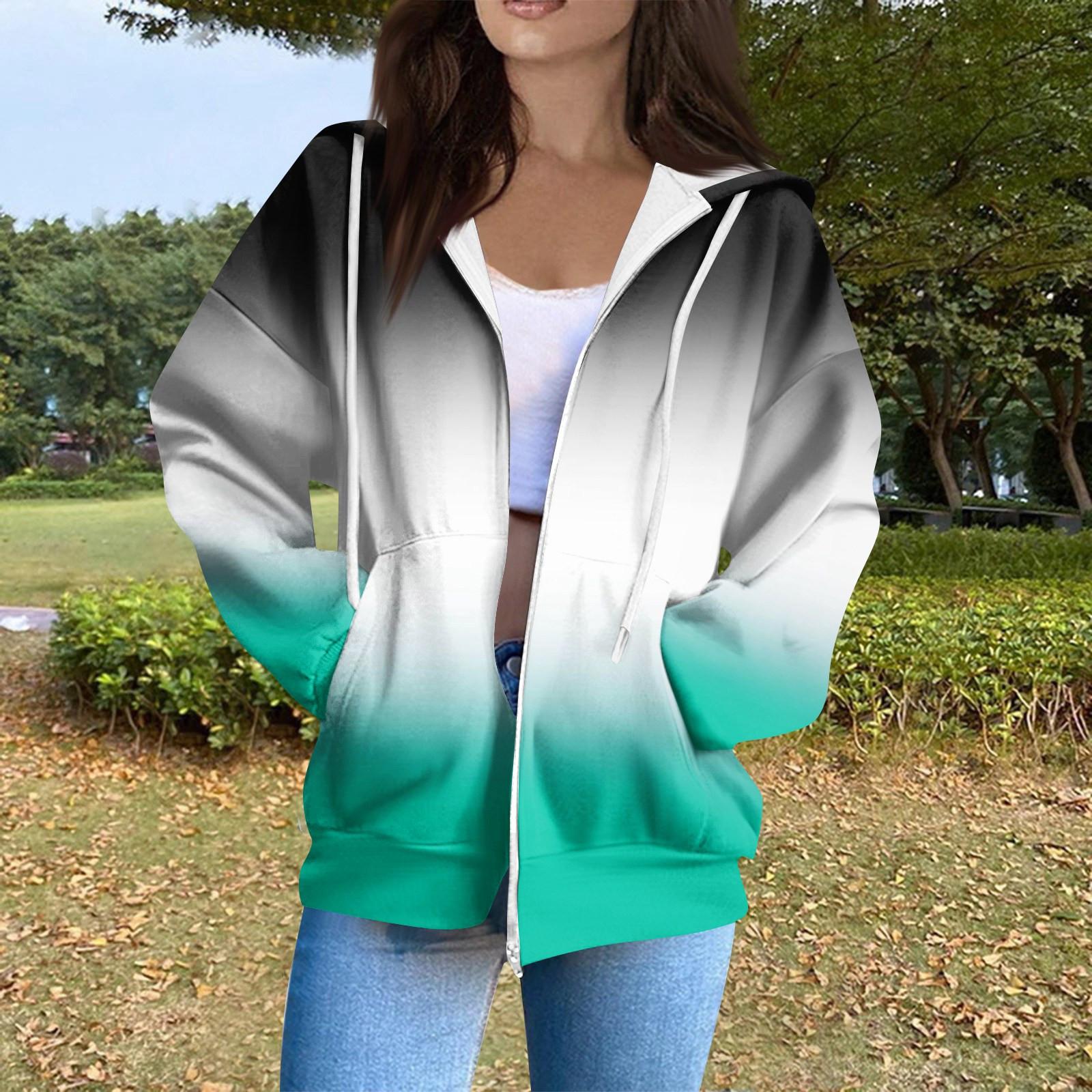 

Женская повседневная модная толстовка с капюшоном, длинным рукавом, молнией, градиентной полоской и принтом XXL