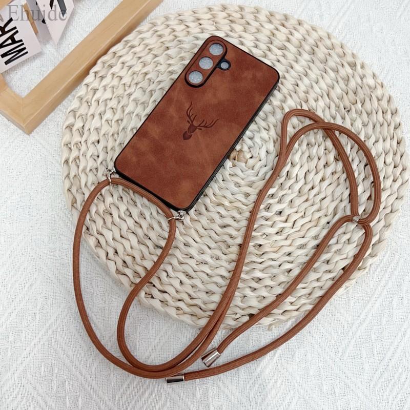 Luksusowe Etui z Paskiem Na Samsung Galaxy S25 Ultra S24 FE S21 S22 S23 Plus A56 Smycz Crossbody Skóra PU Jelonek Miękki Silikonowy Pokrowiec