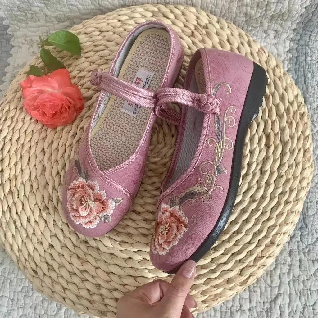 Zapatos De Mujer Women Fashion Wine Red Buckle Strap Anti Skid Shoes Lady Classic Pink Floral Embroidery Shoes Ab349