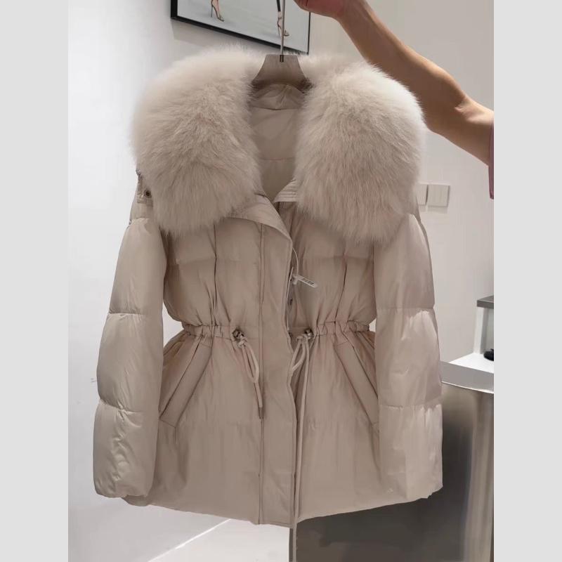 Winter Ladies Fox Fur Collar Waist Mid-length White Duck Down Jacket