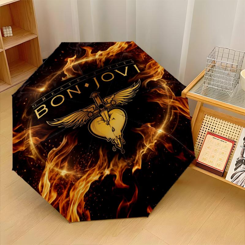 Stampa di Bon Jovi 8?Ombrello Pieghevole Automatico con Stecche Resistente al Vento Leggero per Viaggi all'Aperto
