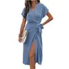 Women's V Neck Wrap Dress Twisted Slit Pleated Waist Tie Short Sleeve Summer Midi Dresses