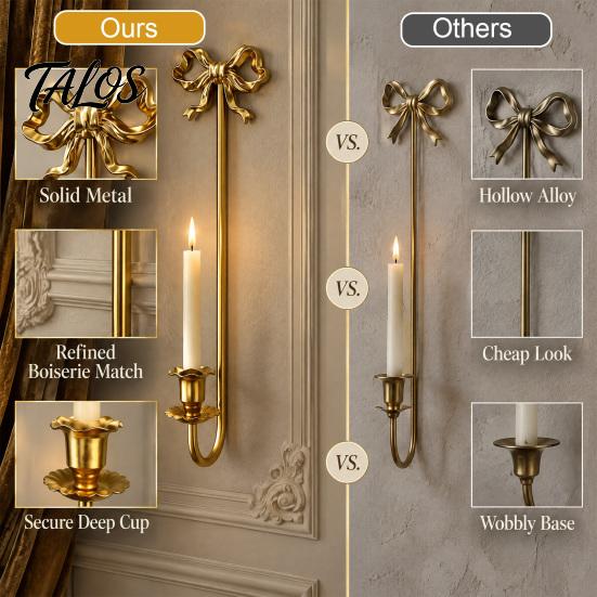 Wall Mounted Candle Holder 2Pcs Holders, Metal French Style Taper Sconces, Retro Home Soft Furnishing Bow with Wax Tray for Living Room Bedroom Dining