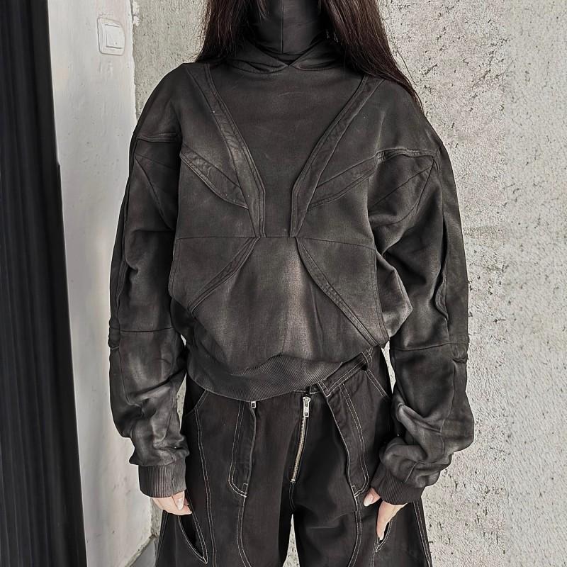 Gotická Retro Streetwear Mikina s Kapucí Pánská Dámská - Opotřebovaná Oversized Mikina bez Zipu v Černé