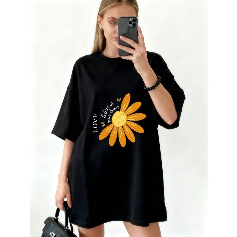 Oversized T Shirt Black Sunflower Love Print Summer Casual Wear