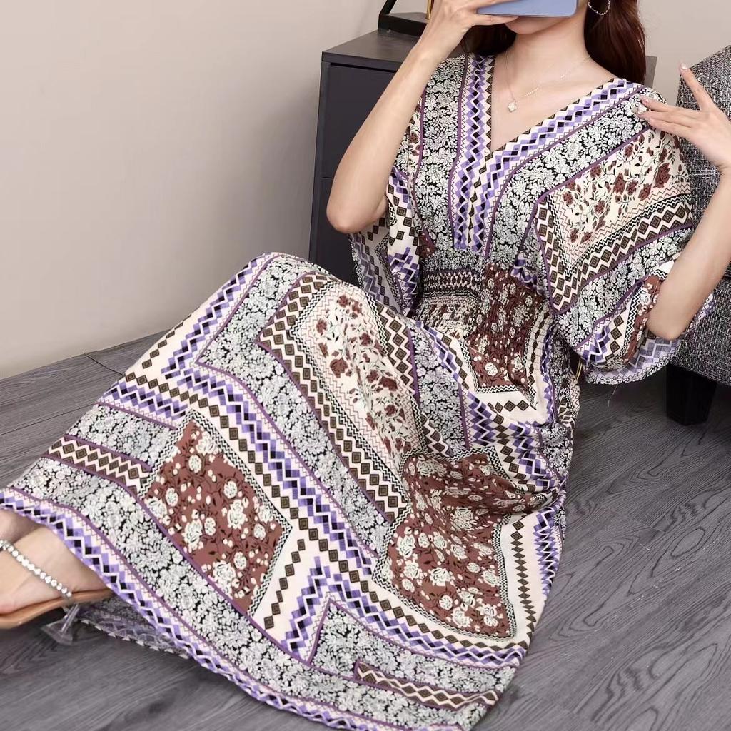 Ethnic Style V-neck Cotton and Silk Short-sleeved Beach Dress Thailand Travel Dress Summer Print Vacation Floral Skirt
