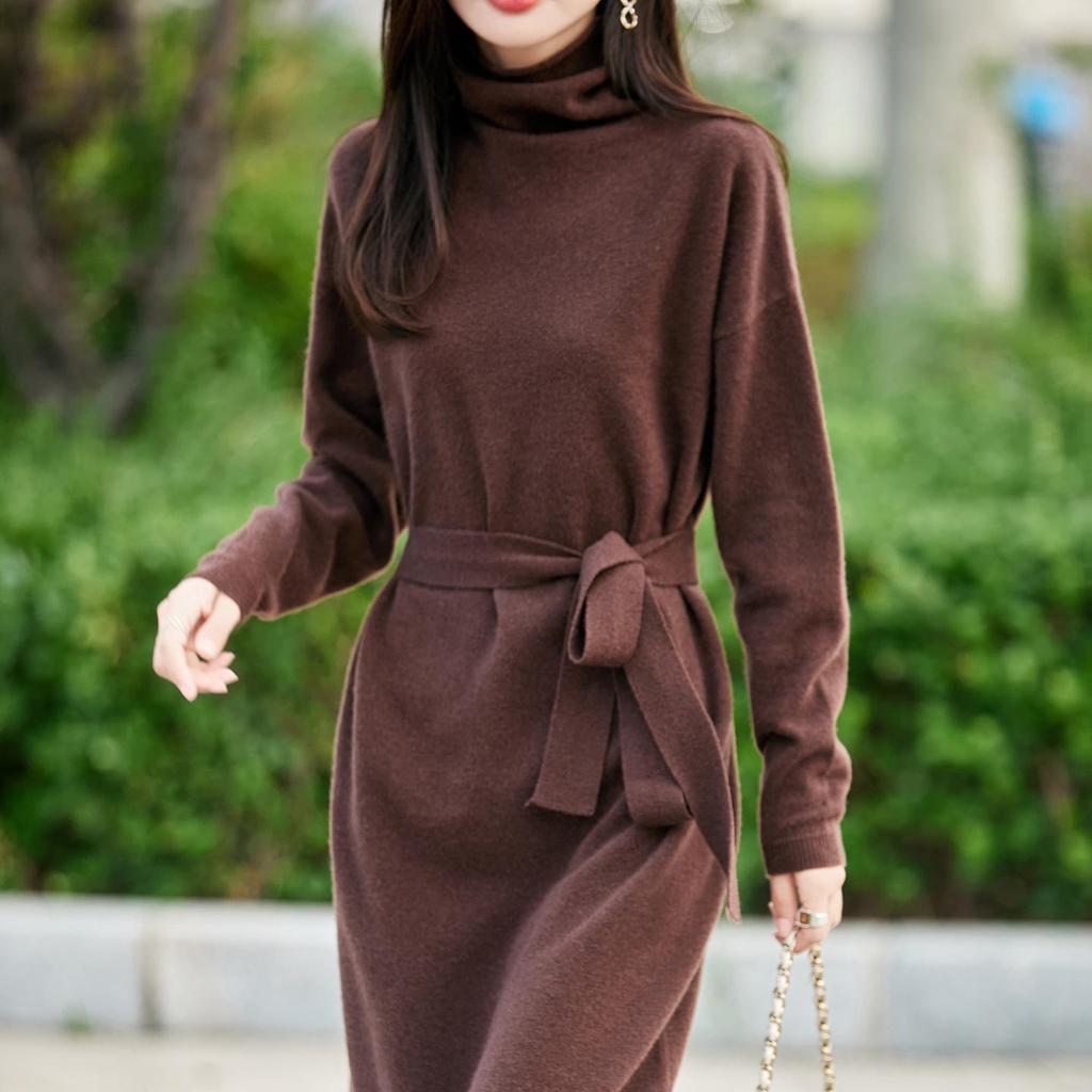 Elegant Stacked Collar Wool Sweater Dress for Women, Knee-Length, Slimming Fit, Solid Color, Perfect Base Layer Sweater.