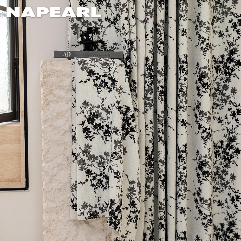 1PC NAPEARL Middle Ancient Style French Printed Curtains Black and White Floral Branch Printed Curtains for Bedroom Living Room Home Decor