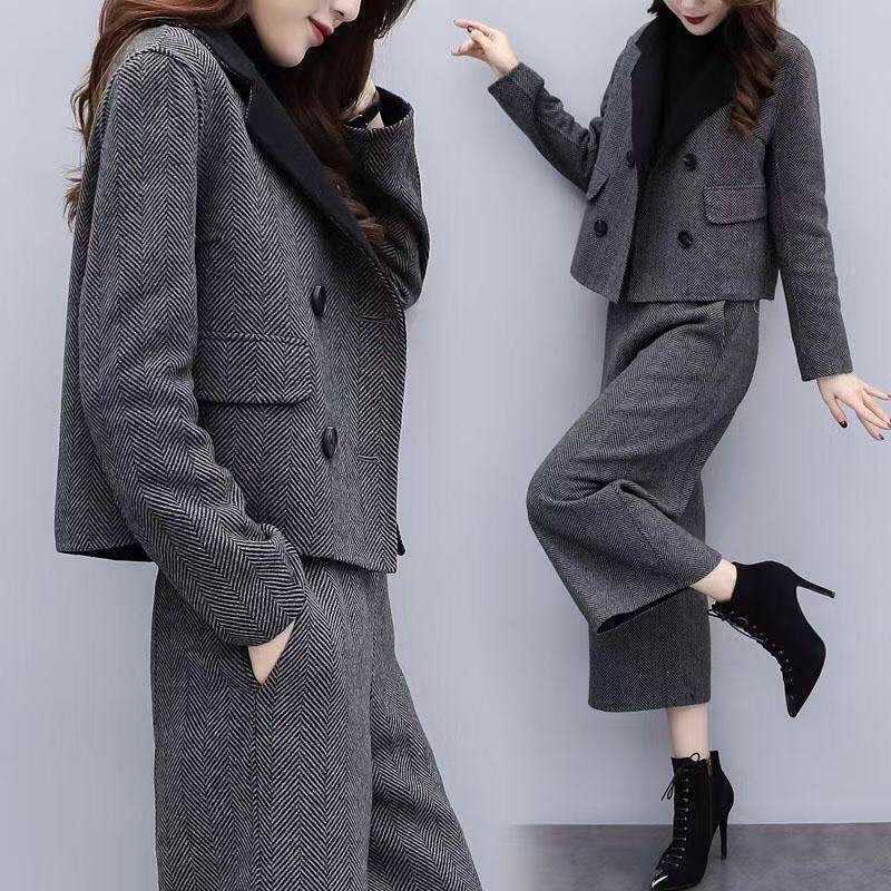 Pants Sets Two Piece Women Wool Cardigan Blazer Thick Button Wide Leg Pants Pockets Solid Casual Suits Outwear Winter