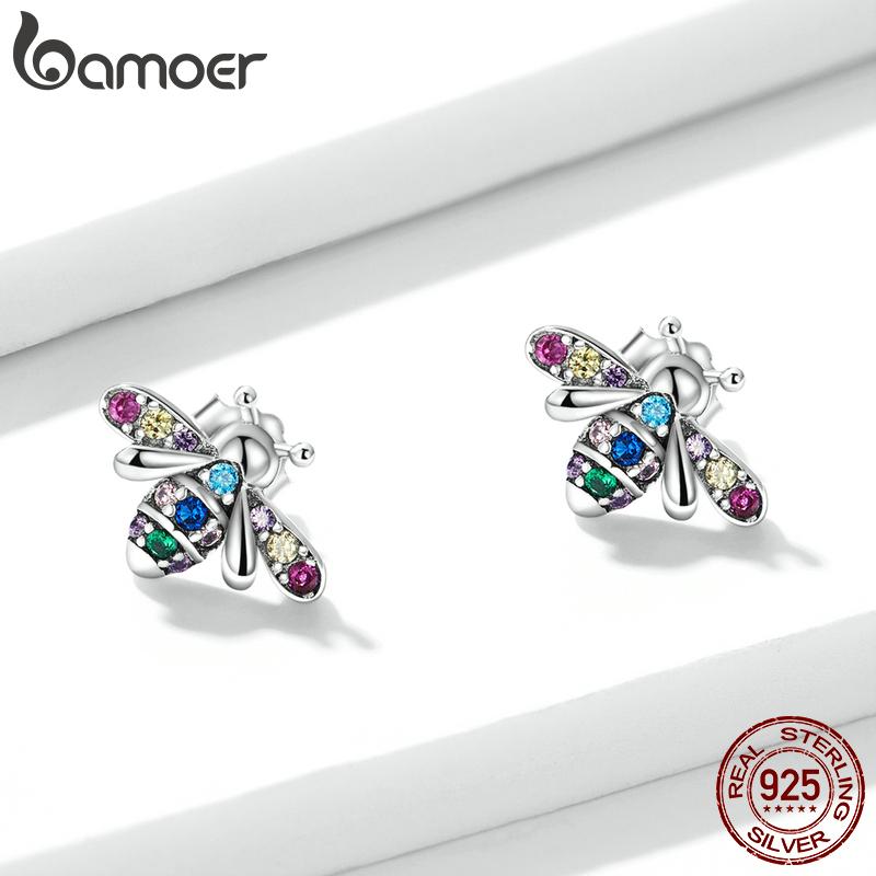 

Женские серьги BAMOER из стерлингового серебра 925 пробы с цветным цирконом в виде пчелы, ювелирные украшения 925 silver