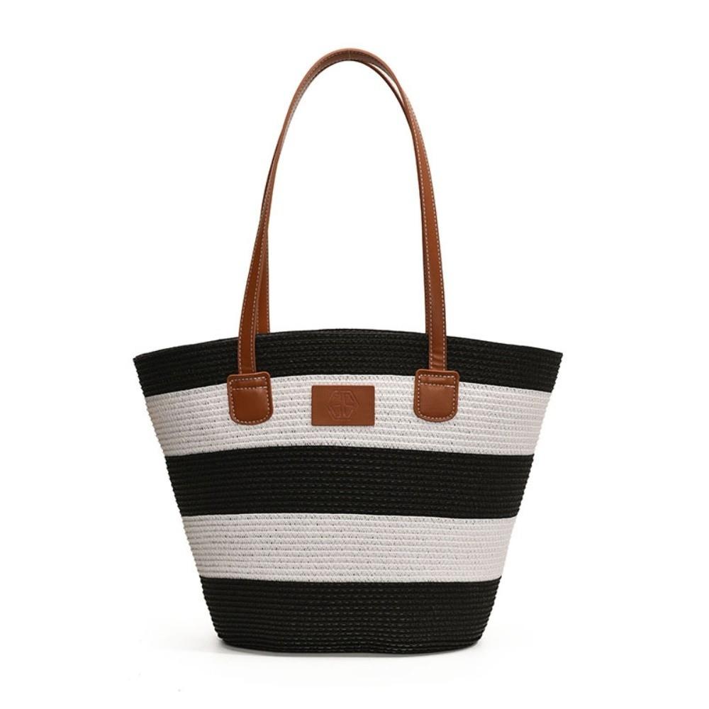 Lightweight Stripe Woven Tote Bag Polyester Summer Beach Handbag Shopping Straw Bag  School