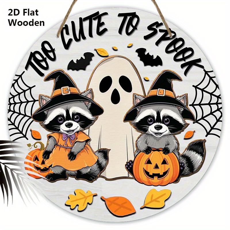 

Halloween Wooden Sign with Adorable Raccoon and Ghost Pattern - Figurine Ornaments for Front Door, Wall, Room Decor - Ideal Halloween Gift for Friend 20cm/7.87in серый