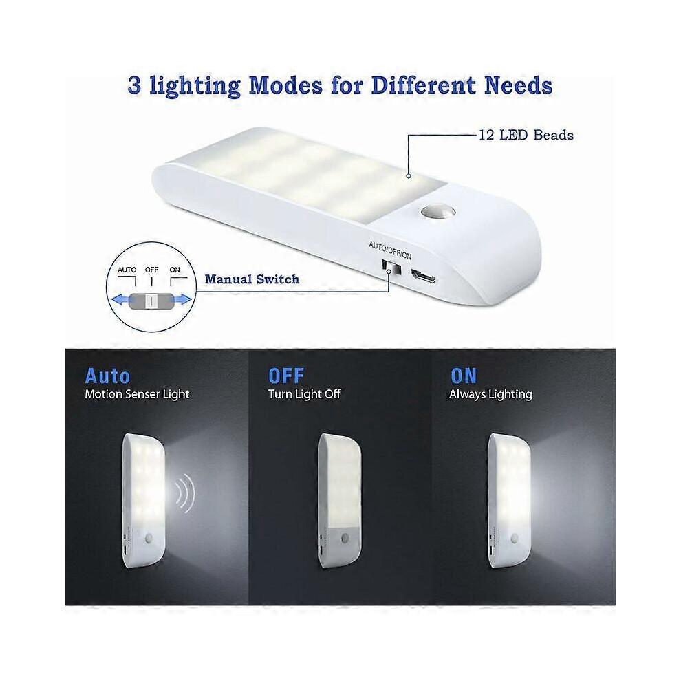 Auto LED [2 Pack], 12 LED USB Rechargeable Closet Night Lights with Motion Sensor Magnetic Adhesive Tape, 3 Modes (Auto/On/Off)
