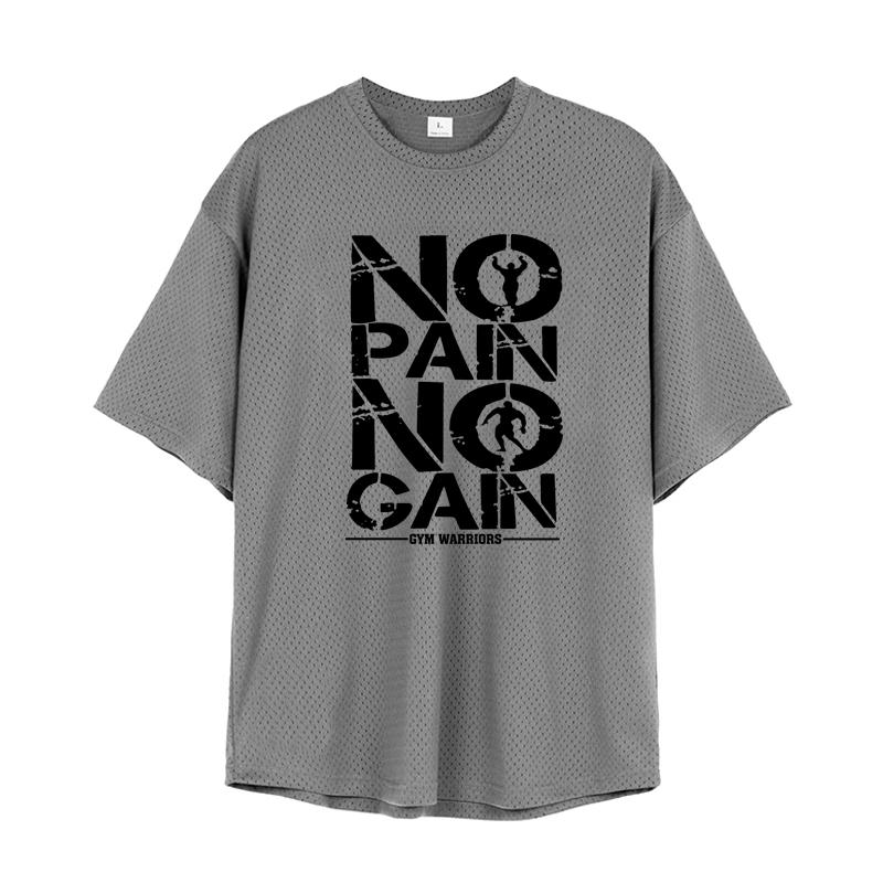 Muscleguys Men Running T-shirts NO PAIN NO GAIN Half Sleeve T Shirt Summer Oversized Dropped Shoulders Mesh Loose Tees Fitness Gym Clothing