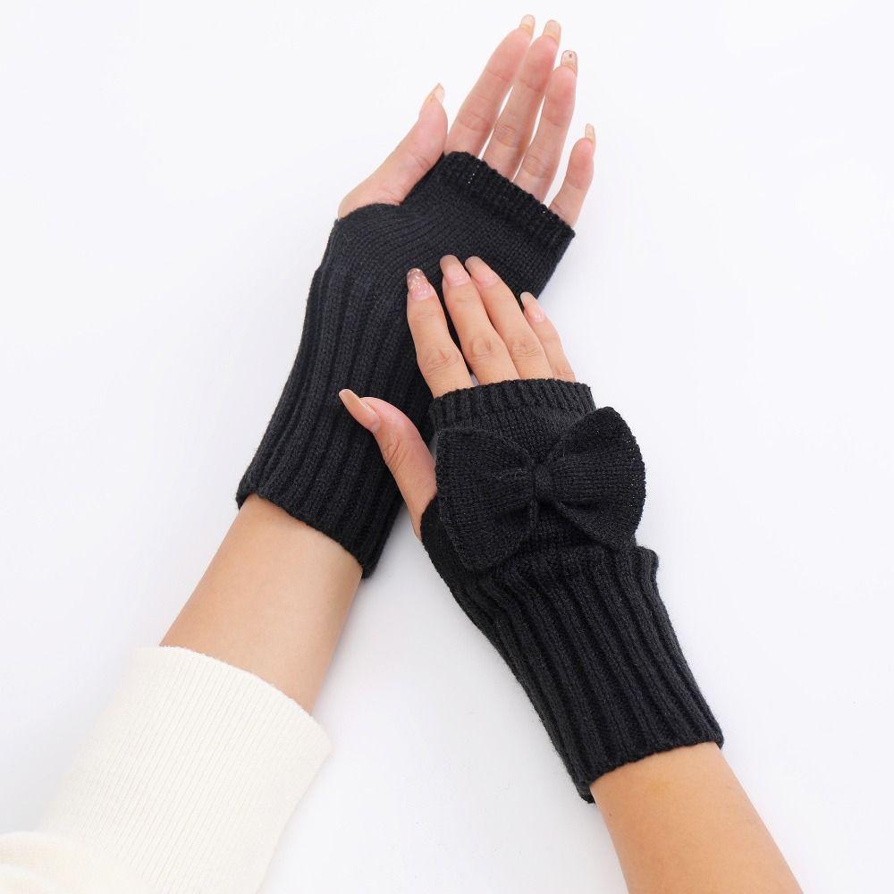 Thick Warm Bowknot Knitted Gloves Soft Half Finger Gloves Cute Arm Warmers  Women Girls