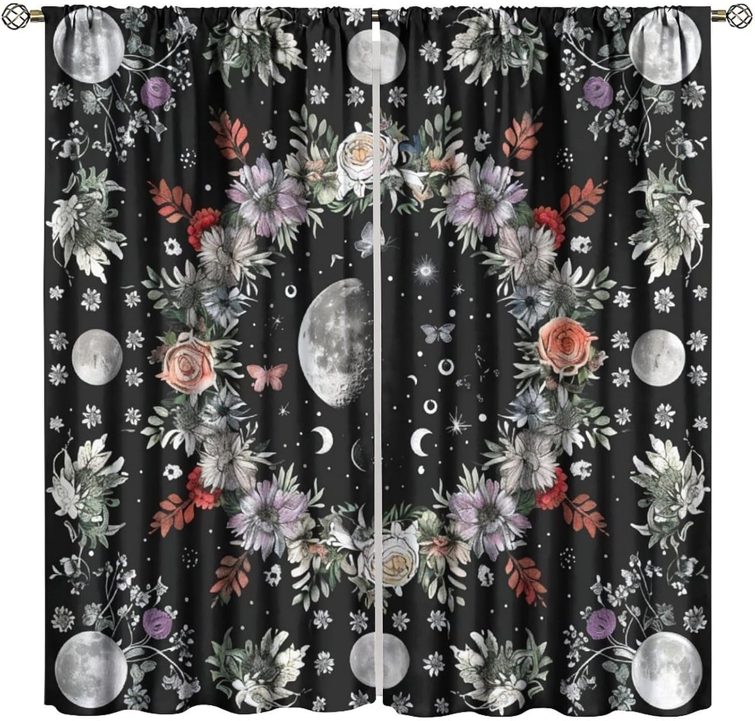 Moon Flower Blackout Curtains   Rustic Farmhouse Plant Moon Floral Bohemian Natural Print Window Drapes   for Bedroom Living Room 100*130 Rod Pocket 1pcs