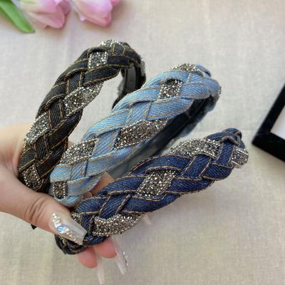 Vintage džínové copánkové čelenky pro ženy Kamínková kroucená čelenka Korejské dívčí vlasový kruh Dámské třpytivé vlasové doplňky