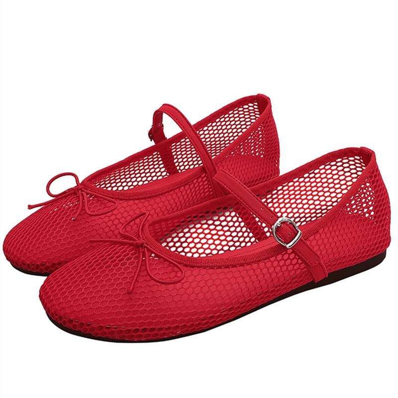 Summer Air Mesh Hollow out Women Ballet Flats Casual Soft Soles Bowknot Mary Janes Loafers Girls Walking Dance Shoes