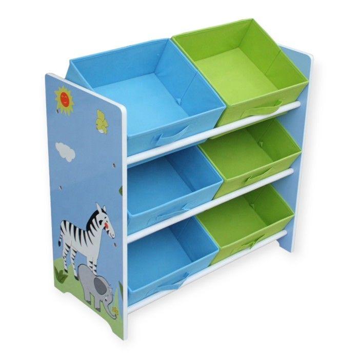 Organiseur à Jouets Enfant GINGER HOME SAVANNA, Étagère avec Bacs de Rangement, Bois MDF, 63x30x60 cm, Thème Safari Girafe et Zèbre