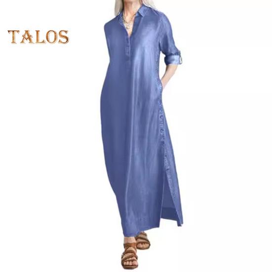 Dame Denim Maxi Kjole Casual Opprullede Ermer Splittkjole med Lommer Pluss Størrelse Knappelukking Revers V-hals Lang Kjole