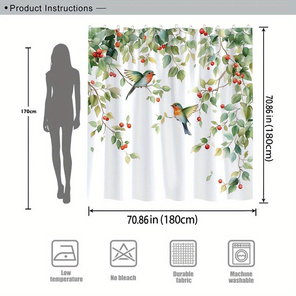 1 colorful bird and red berry watercolor shower curtain, green and red bird with lush green leaves, polyester fabric, with hook