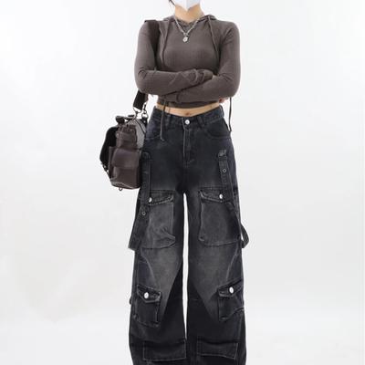 Calça Jeans Gótica de Rua Retro Macacão Preto Feminino Casual de Rua Solto Calças Largas Cowboy Casal Jeans Reto de Cintura Alta