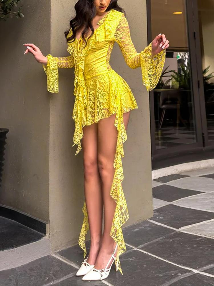 Summer Lace Ruffled Streamer Dress for Women Flare Long Sleeve V Neck Sexy Mini Dress See Through Fashion Elegant Dresses