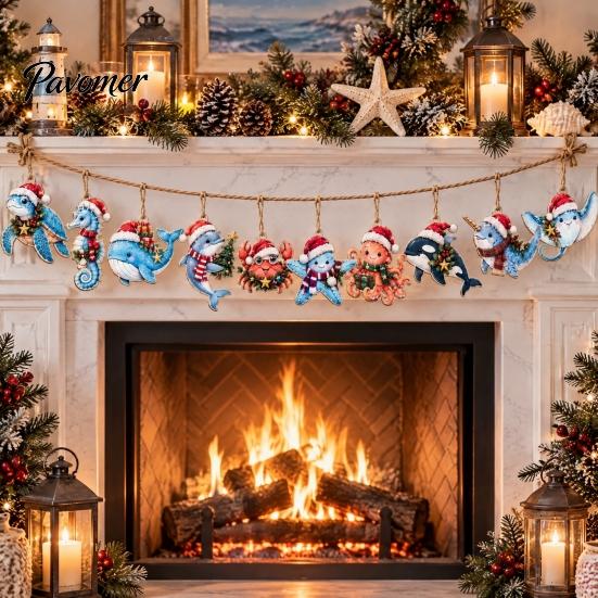 Ocean Theme Christmas Ornaments Wooden Sea Animal Pendants, 2D Flat Themed Cartoon Figures, Decorative Winter Party Hanging Decorations Banner