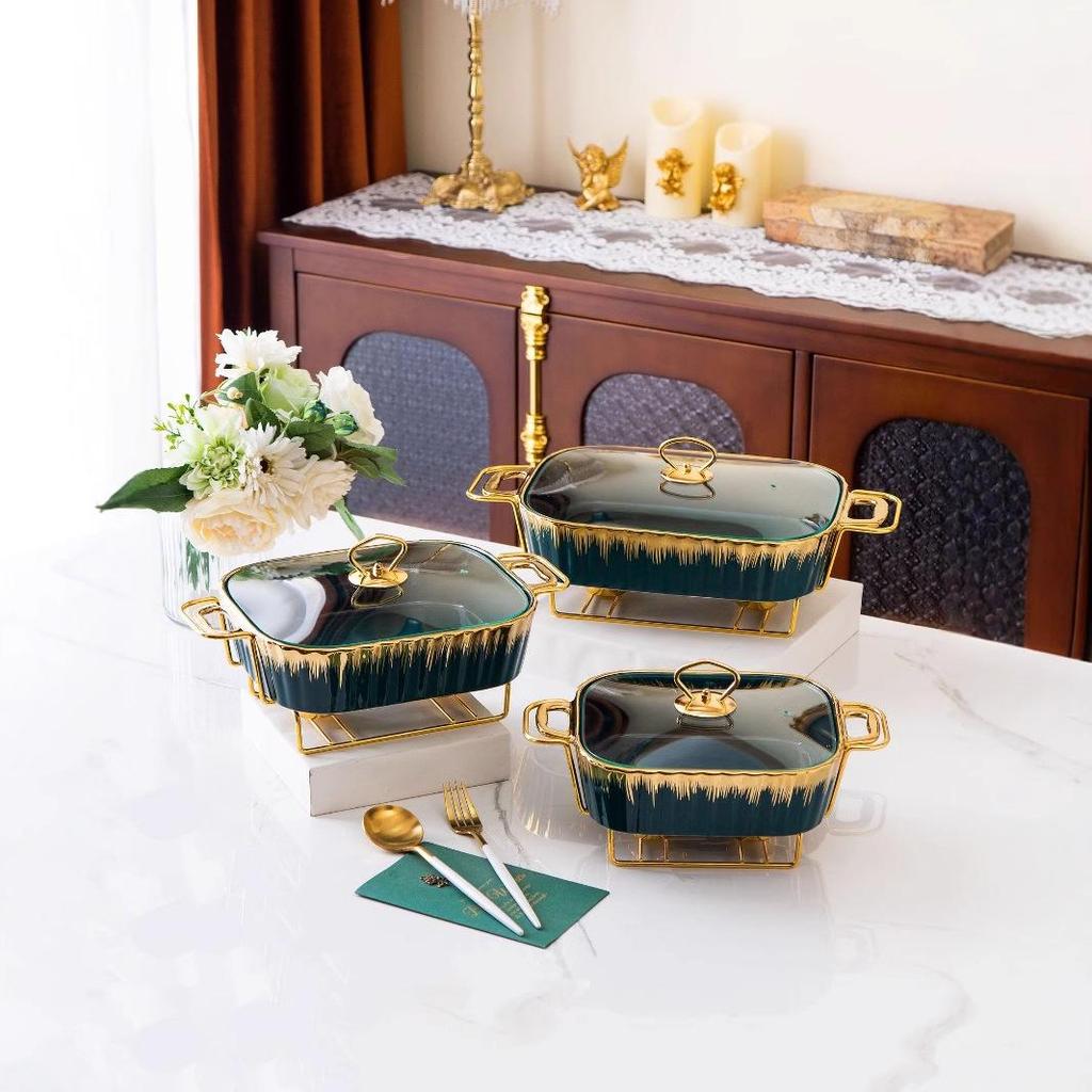 Rectangular Golden Ceramic Baking Casserole Pot with Stand