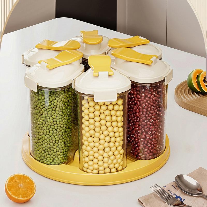 Rotatable Compartment Grain Storage Container, Detachable Airtight Moisture-Proof Food Jars for Kitchen