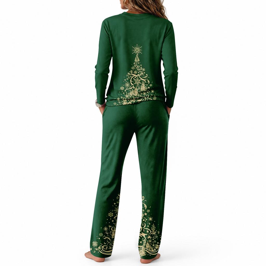Casual Pajama Set with Long Sleeve Round Neck Top and Wide Leg Pants for Sleep and