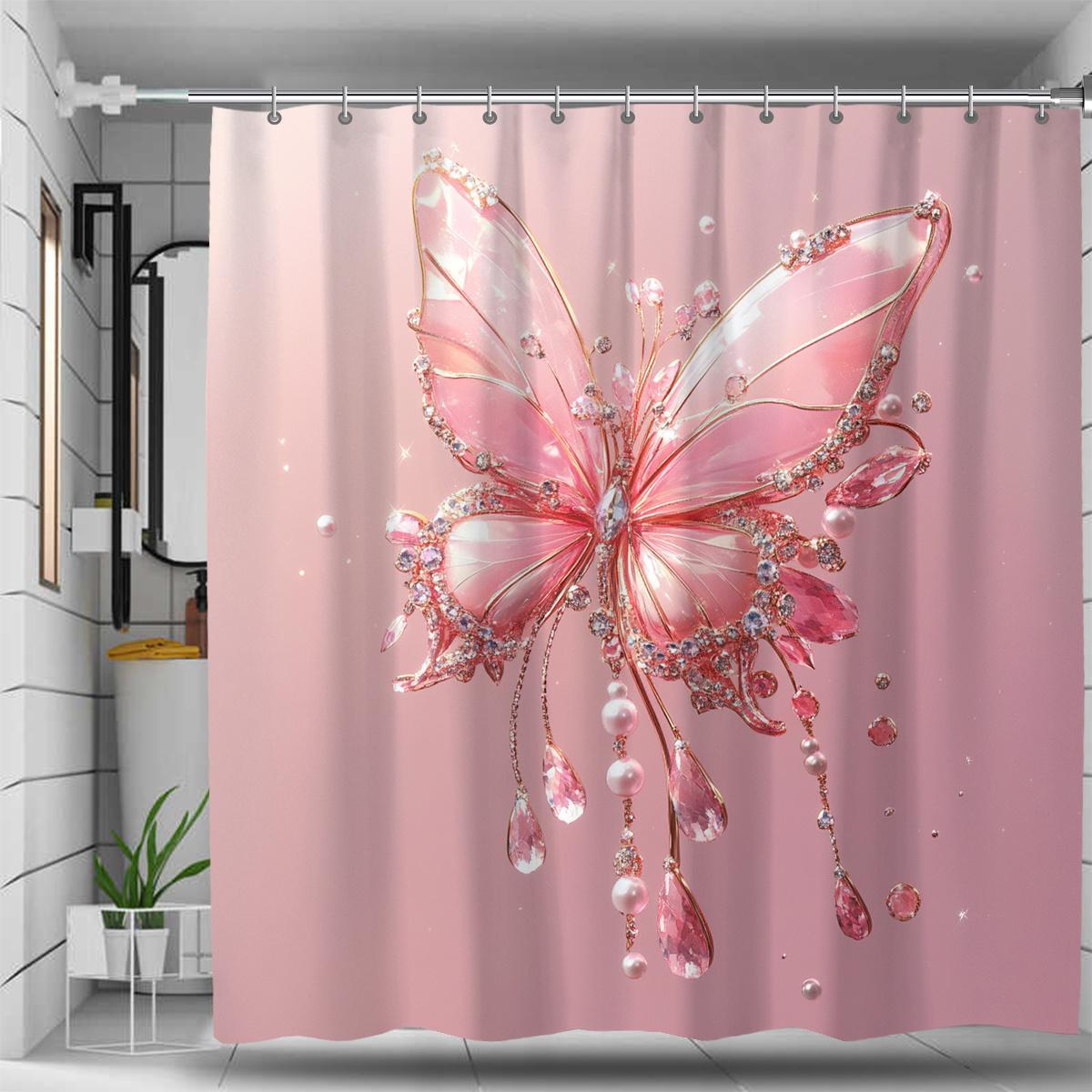 

1Pc Shiny Pink Butterfly Print Waterproof Shower Curtain, Stain Resistant, Machine Washable Polyester Bathroom Decor With Hooks W60H190(CM)-1 Pcs