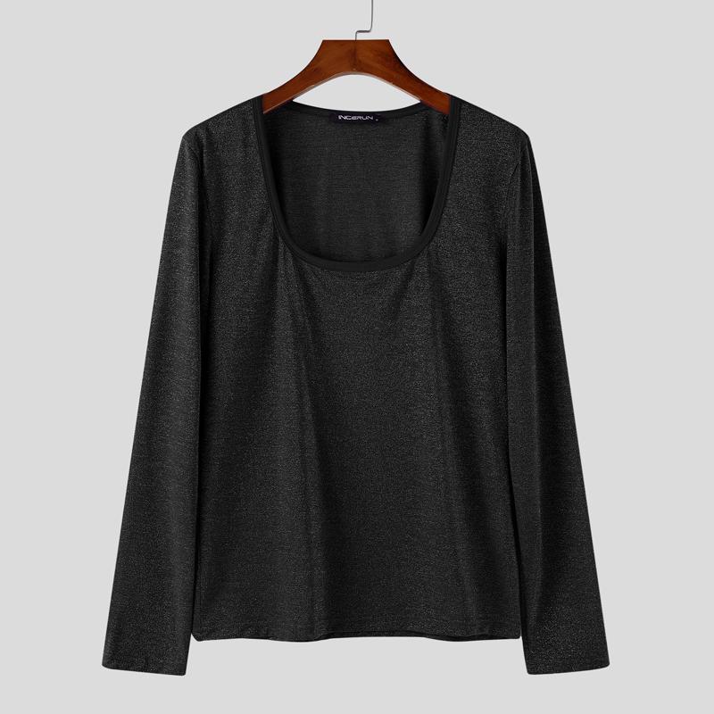 INCERUN Men Square Collar Long Sleeve Glitter Casual Fitted T-shirts Undershirts 4XL