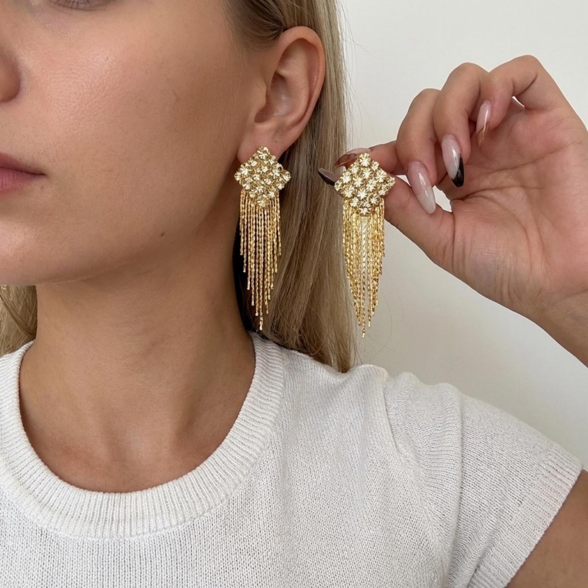 

Shiny Inlaid Rhinestone Square Long Tassel Dangle Earrings For Women Men Trendy Geometric Fringe Drop Earring Party Zircon Gift