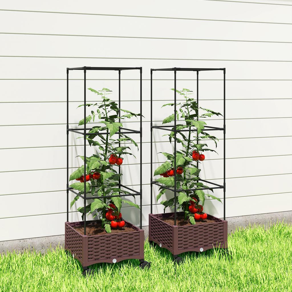 Planter With Trellis Wheels With Drainage For Growing Vegetables Flowers Herbs 40x40x165 Cm Brown