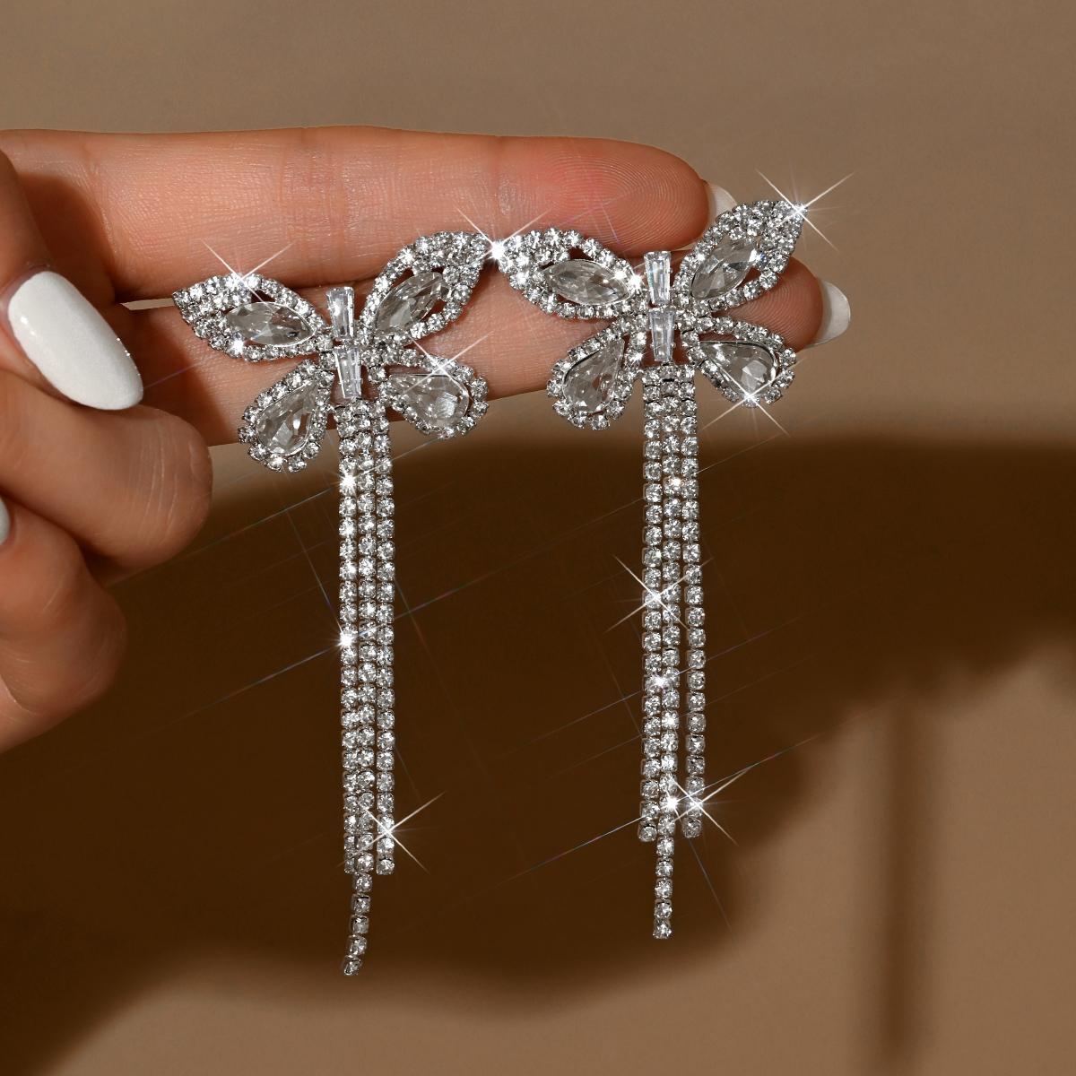 Fashionable light luxury full diamond butterfly long tassel earrings with high-end temperament and ladylike ear accessories