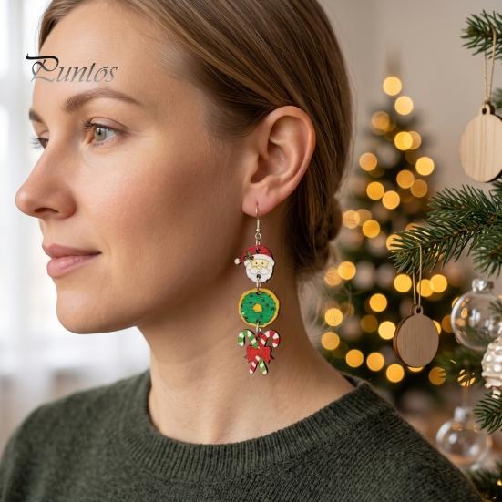 Decorative Wood Earrings 1 Pair Christmas Wooden Dangle Drop for Women, Cute Santa Fun Party Favors Gingerbread Candy Cane Earrings, Vintage