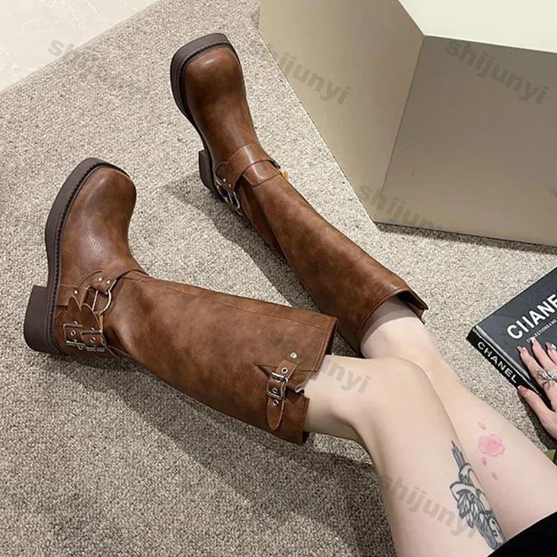 Fashion Women's Platform High Knight Boots Chunky Heels Buckle Woman Vintage Fashion Casual Luxury Designer Western Mid Calf Cowboy Boot