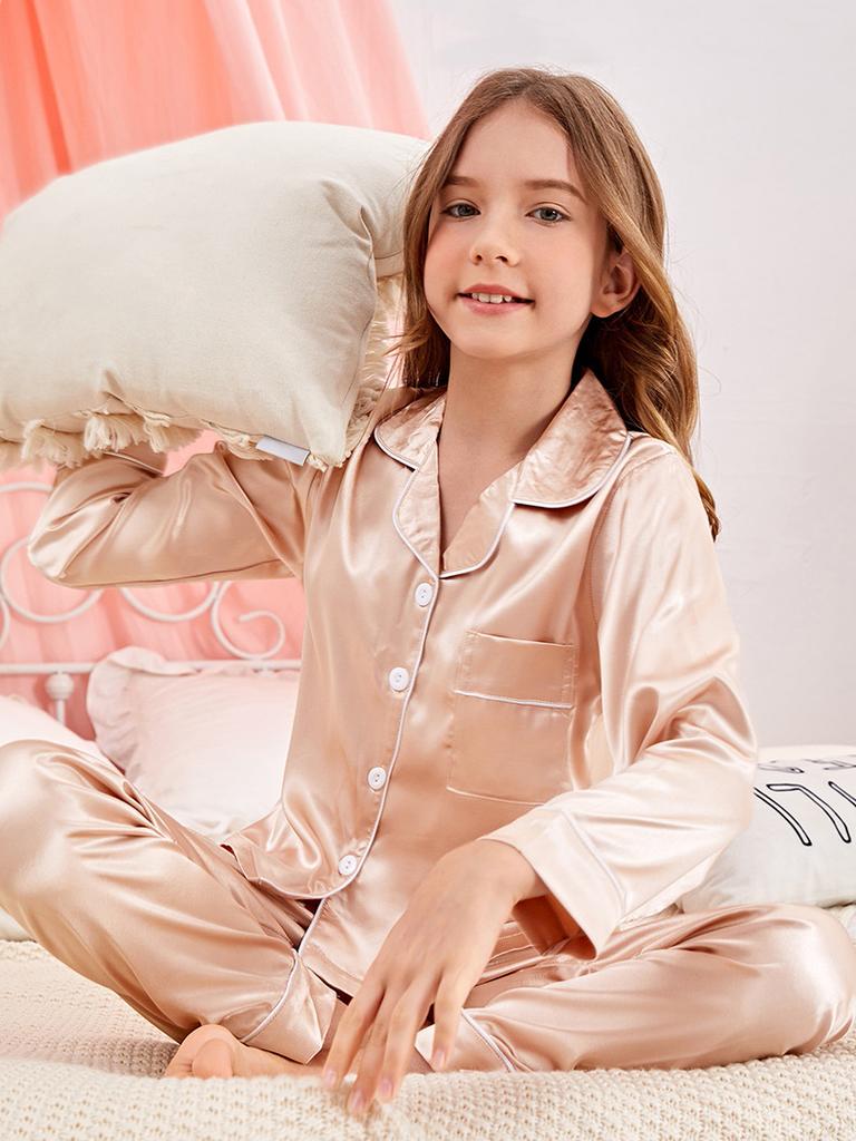 Satinähnliches Pyjama-Set aus Eisseide für Kinder – einfarbig, langärmlig, leicht, zweiteilig für Mädchen