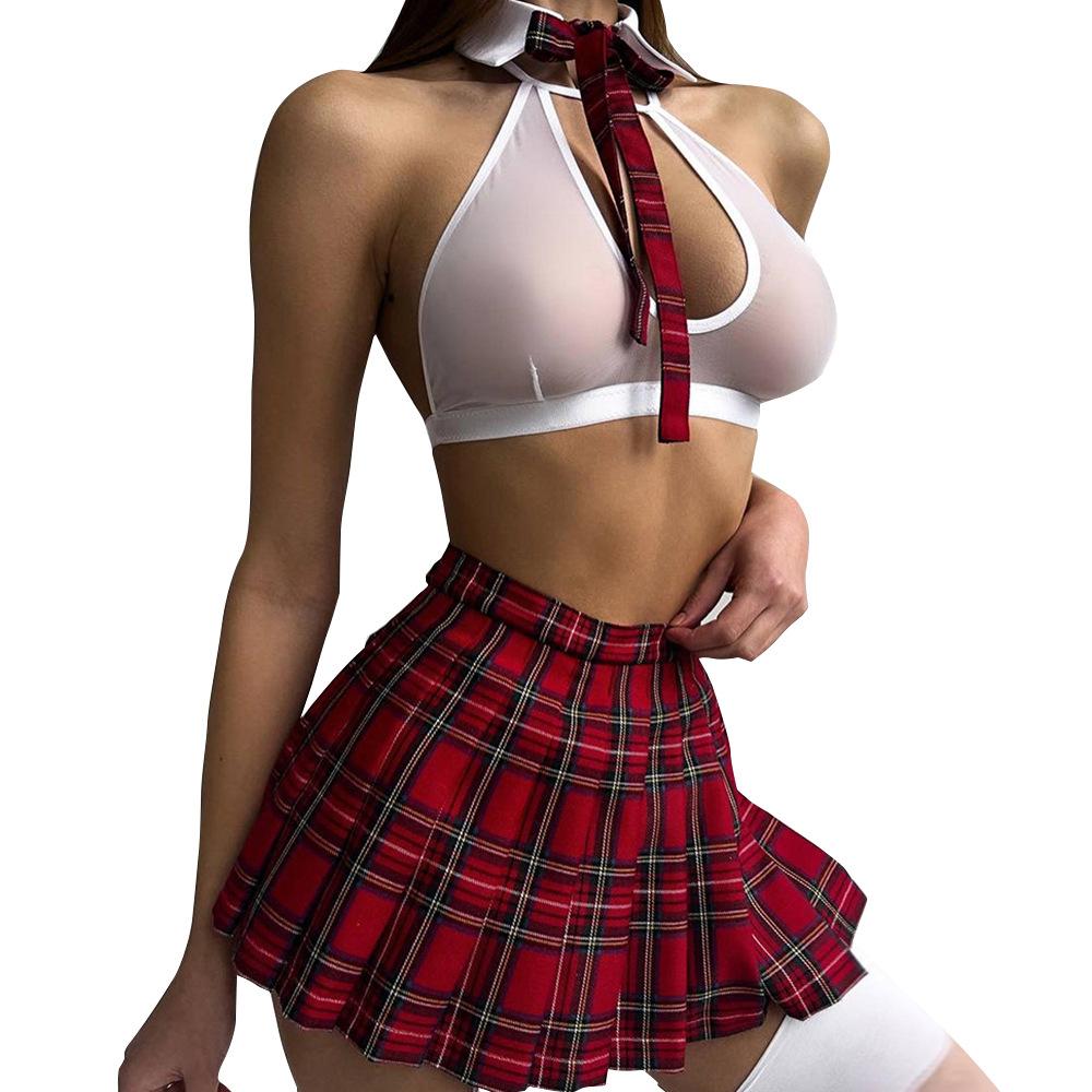 Teacher Cosplay Lingerie Sheer Halter Bra Plaid Skirt See Through Intimate Goods Sissy Erotic Crotchless Briefs Outfits