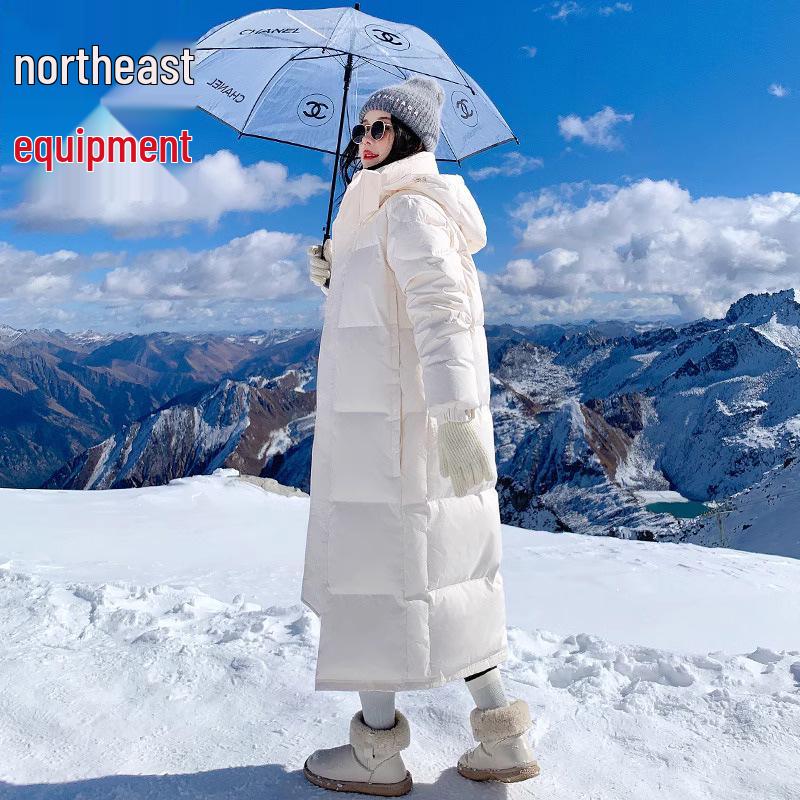 Women's Long Thickened Goose Down Jacket - Cold-Proof, Over-the-Knee, Ideal for Harbin Travel