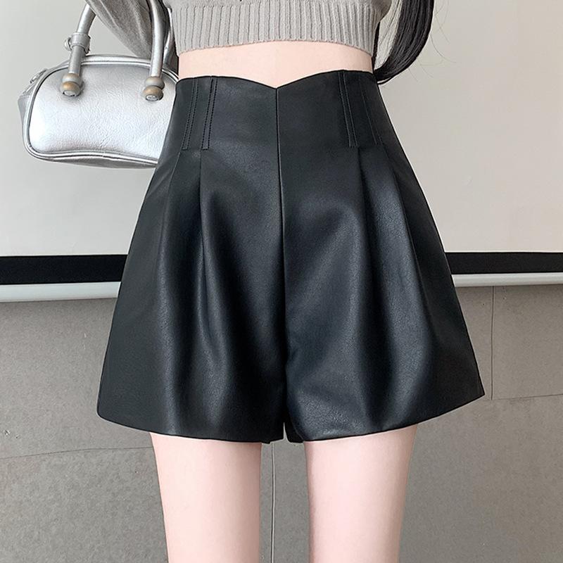 

Women s Fall Winter Coffee Mini PU Leather Shorts High Waisted A-Line Wide Leg Petite Outer Wear Base Pants Mini Shorts Versatile Slim Fit Hot Pants XS чёрный