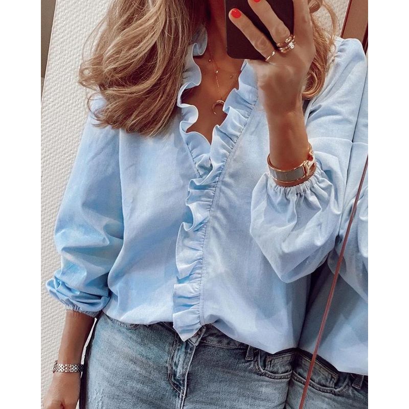 Long-Sleeved Ruffled Shirt for Women Long Sleeves Ruffles V-neck Shirt Shirt