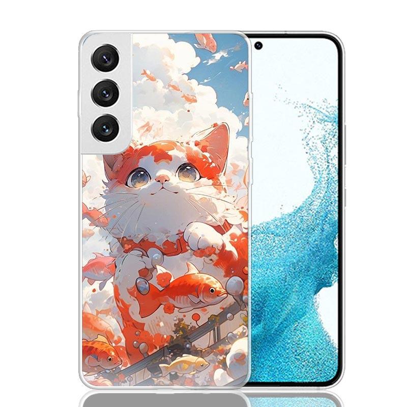 Cartoon Cute Cat Fish Aesthetic Phone Case For Samsung Galaxy S26 S25 Edge S24 S23 FE S22 Ultra S21 Plus S20 + Fundas Cover Coqu
